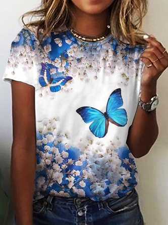 Schmetterling&Kirsche Print T-Shirt Rundhals Locker Mode Noracora