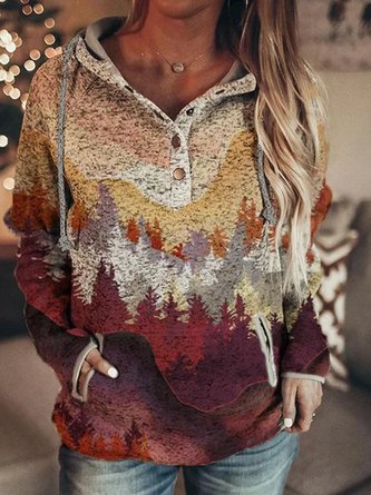 Damen Herbst und Winter Lang Berg Print Lässig Tasche mit Kapuze Sweatshirts