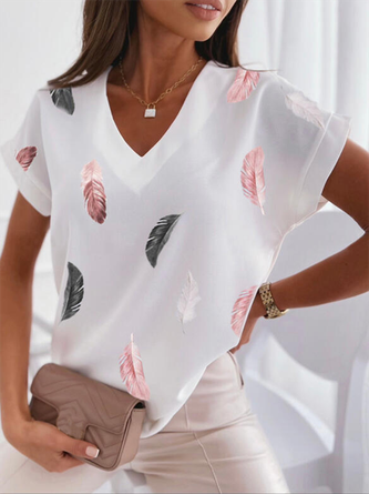 Damen Kurzarm Shirts Feder Print V-Ausschnitt
