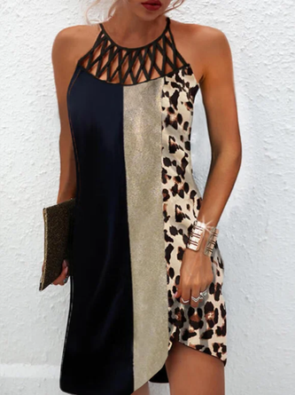Rundhals Kurzarm Gewebe Kleid mit Leopard Print