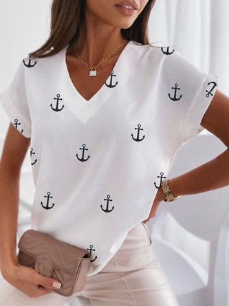 Anker Muster T-Shirt V-Ausschnitt Lässig Alltäglich Noracora