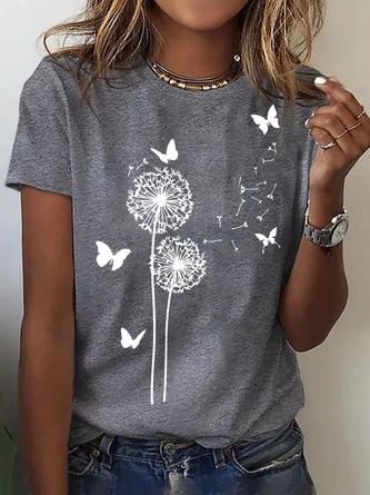 Löwenzahn Print T-Shirt Rundhals Locker Kurzarm Noracora