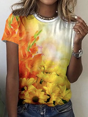 Sonnenblumen Kurzarm Rundhals Große Größen Lässig Blusen & Shirts
