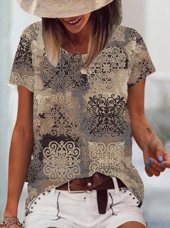 Paisley Print T-Shirt geometrischer Stil  Rundhals Noracora