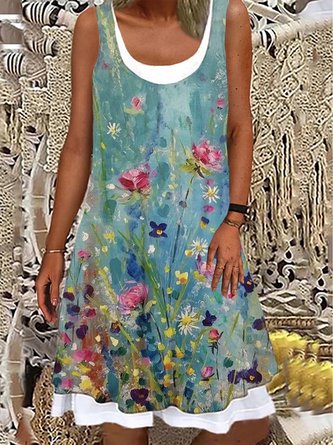 Blumen Print Kleid Tank-Kleid Rundhals Urlaub Lässig Noracora