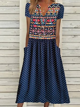 Lässig V-Ausschnitt Kurzarm Gewebe Kleid