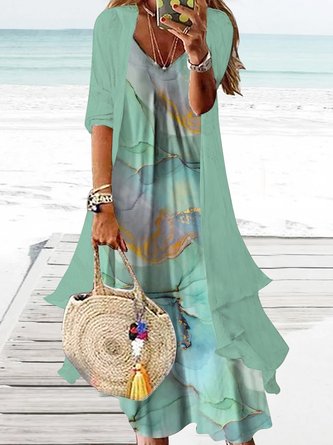 Regenbogen Farbverlauf Marmor Weit Urlaub Strand Chiffon Zweiteiliges Kleid Set Lang