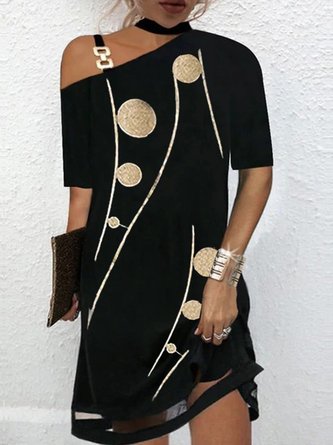 Geometrisch Lässig Carmen Locker Kurzarm A-Linien-Kleid