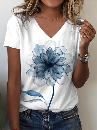 Blumen Print T-Shirt V-Ausschnitt Lässig Kurzarm Noracora