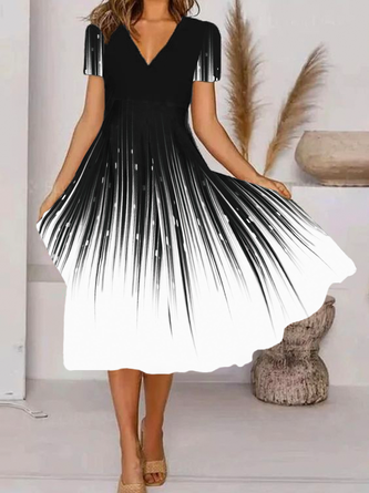 Abstrakt Print Kleid V-Ausschnitt Kurzarm A-Line Große Größen Noracora