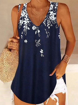Blumen Print Weste V-Ausschnitt Blau Noracora