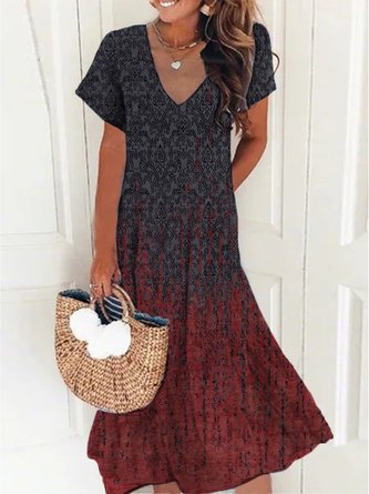 Lässig Ethnisch Kurzarm Weit Midikleid