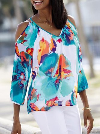 Damen Lässig Geblümt Herbst Polyester Nein Elastizität Täglich Weit 3/4 Ärmel A-Linien Blusen & Shirts