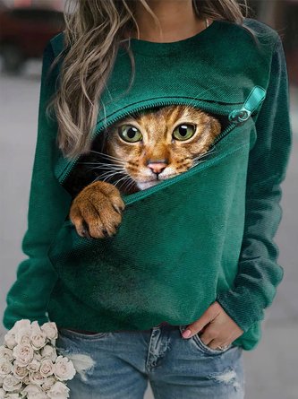 Lässig Katze Langarm Rundhals Große Größen Print Shirts & Blusen Sweatshirts