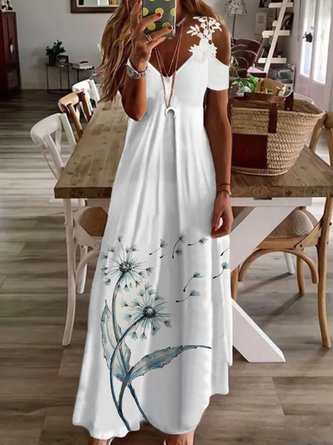 Lässig Löwenzahn Kurzarm V-Ausschnitt Große Größen Print Kleid