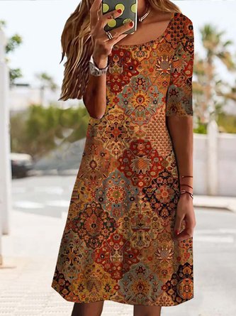 Geblümt Rundhals Freizeitkleid