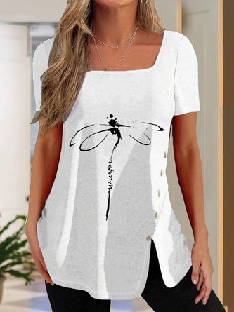 Lässig Libelle Kurzarm Karree-Ausschnitt Große Größen Print Shirts & Blusen T-Shirts