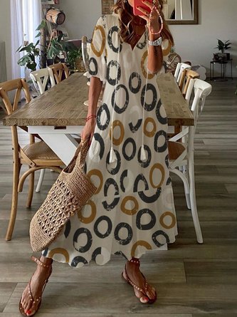 Polka Dots Halbarm V-Ausschnitt Quaste Große Größen Freizeitkleid