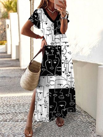 Lässig Abstrakt Kurzarm V-Ausschnitt Print Kleid