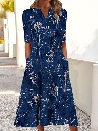 Pflanze Print Maxikleid V-Ausschnitt H-Linie V-Ausschnitt Langarm Noracora