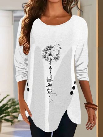 Damen Lässig Herbst Löwenzahn Mikroelastizität Täglich Standard Rundhals Mittellang H-Linie T-Shirt