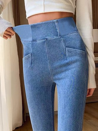 Lässig Unifarben Hoch Strecken Denim Hose