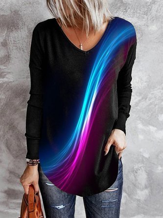 Damen Lässig Abstrakt Herbst V-Ausschnitt Leicht Jersey Langarm H-Linie Regelmäßig Größe T-Shirt