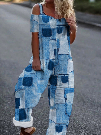 Geometrisch Lässig Sommer Karree Normal Leicht Täglich Polyesterfaser H-Linie Jumpsuit für Damen