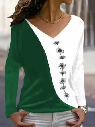 Lässig Geblümt Herbst V-Ausschnitt Mikroelastizität Täglich Weit Jersey Standard T-Shirt für Damen