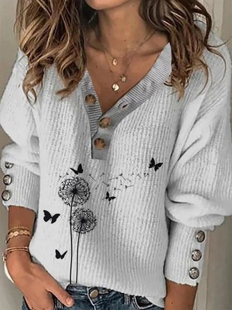Löwenzahn Langarm Geknöpft V-Ausschnitt Große Größen Lässig Pullover