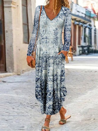 Abstrakt Geometrisch Print V-Ausschnitt Langarm Jersey Lang Kleid