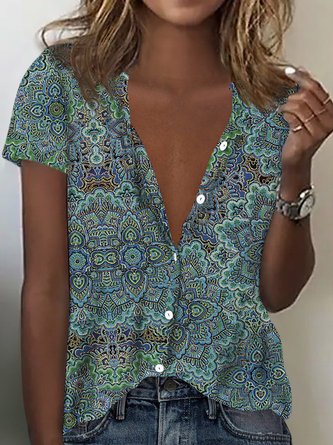 Ethnisch Print Bluse Geometrisch Paisley Hemdkragen Locker Noracora