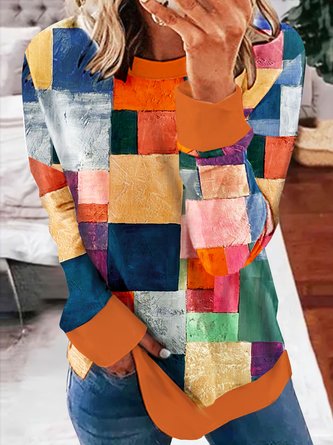 Multifarben Geometrisch Print Lässig Weit Rundhals Sweatshirts