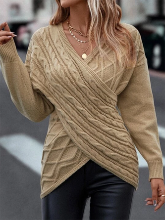 Unifarben Sexy Party V-Ausschnitt Strickpullover mit Wickeleffekt