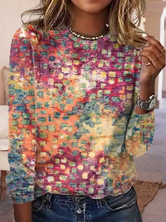 Ethnisch Multifarben T-shirt Retro Stil Langarm Rundhals Noracora