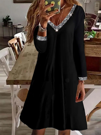 Unifarben Jersey Lässig V-Ausschnitt Kleid mit Pailletten