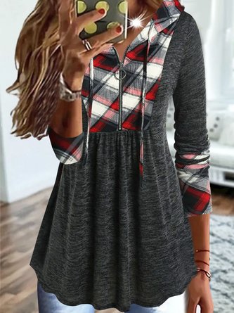 Lässig Patchwork Kariert Reißverschluss Jersey Kapuze Sweatshirt