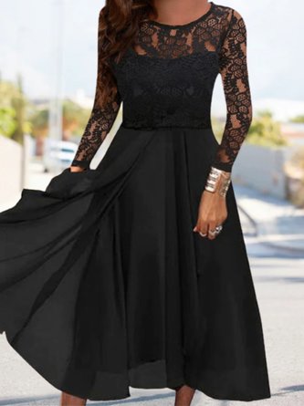 Unifarben Spitze Langarm Rundhals Party Kleid