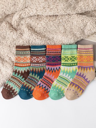 5St Multifarben Ethnisch Muster Baumwolle Socken Set Herbst Winter Lässig Zuhause Warm Zubehör