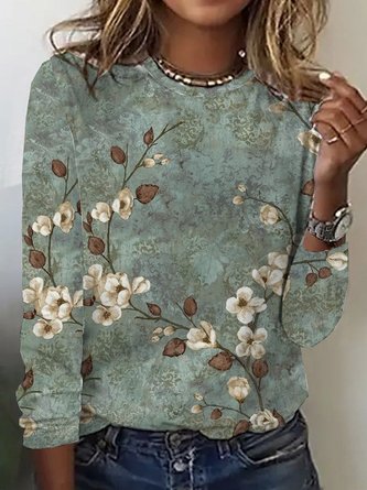 Blumen Muster Shirt Jersey Rundhals lässige Mode Noracora
