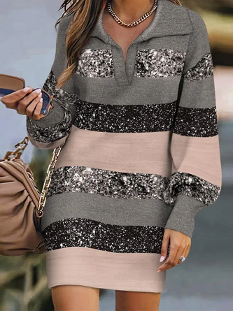 Damen Abstrakt Grafik Schalkragen Langarm Bequem Lässig Kurz Kleid