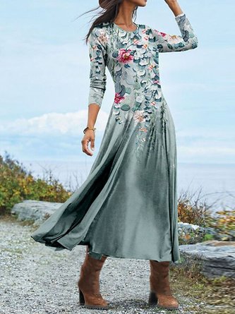 Blumen Print Maxikleid Langarm Rundhals Lässig Jersey Noracora