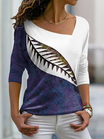 Blätter Print Shirt asymmetrischer Kragen Jersey Noracora