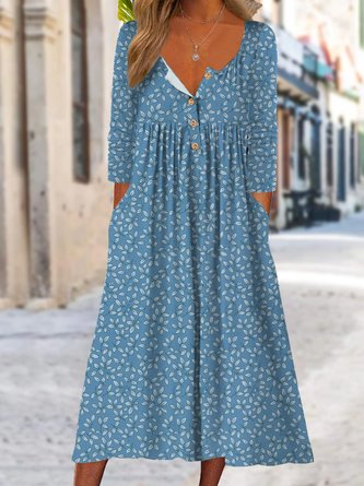 Blau Geblümt Lässig Weit Schnalle Kleid