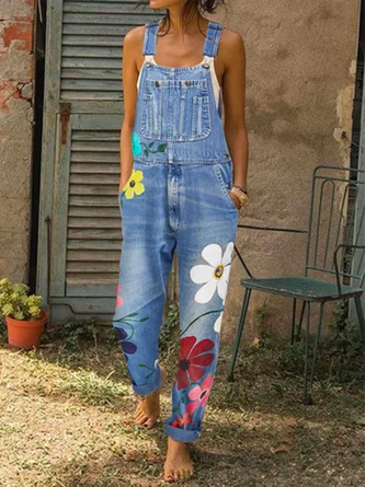 Denim Jumpsuit Blumenprint mit Ärmelloser Lässig Urlaub&Täglich Noracora