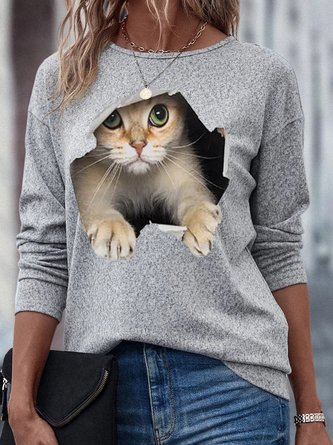Katze Grafik Süß Lustig Tier Print Rundhals T-Shirt