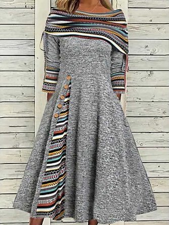 Ethnisch Midi Kleid Langarm A-Line lässig täglich Noracora