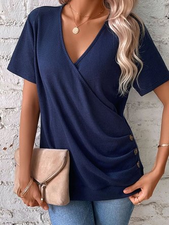 Unifarben V-Ausschnitt Lässig Vorderseite Criss Cross Knopf Detail T-Shirt