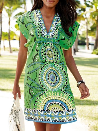 Ethnisch V-Ausschnitt Urlaub Tunika Kleid