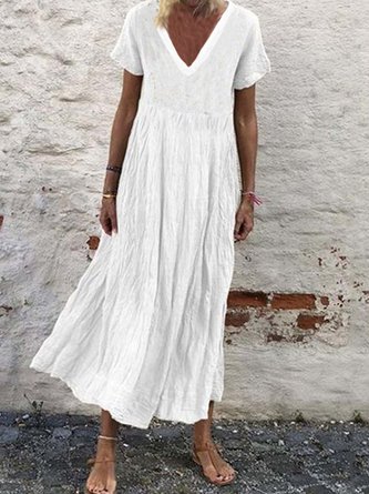 Unifarben Kleid aus Baumwollgemisch mit V-Ausschnitt Kurzarm